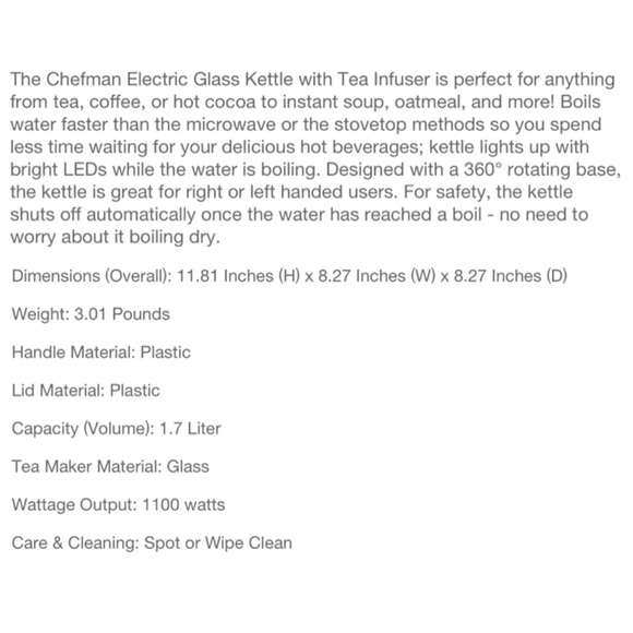 CHEFMAN Electric Glass Clear Tea Kettle, Black, 1.7 Liters - Picture 6 of 6